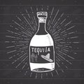 Vintage label, Hand drawn bottle of tequila mexican traditional alcohol drink sketch, grunge textured retro badge, emblem design,