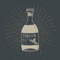 Vintage label, Hand drawn bottle of tequila mexican traditional alcohol drink sketch, grunge textured retro badge, emblem design, Royalty Free Stock Photo