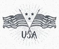 Vintage label, Hand drawn crossed USA flags, Happy Independence Day, fourth of july celebration, greeting card, grunge textured re Royalty Free Stock Photo