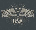 Vintage label, Hand drawn crossed USA flags, Happy Independence Day, fourth of july celebration, greeting card, grunge textured re Royalty Free Stock Photo