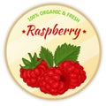 Vintage label with raspberry isolated on white background in cartoon style. Vector illustration. Fruit and Vegetables