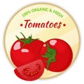 Vintage label with tomatoes isolated on white background in cartoon style. Vector illustration. Fruit and Vegetables