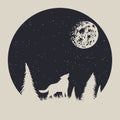 Vintage label with wolf who howling to moon