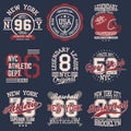 Vintage labels set, athletic sport typography for t shirt print. Varsity style. T-shirt graphic