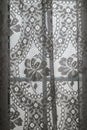 Vintage lace curtain over window with light shinning through - vertical and close-up background - element