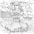 Vintage lady at seaside adult coloring book page Royalty Free Stock Photo