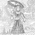Vintage Lady With Umbrella Adult Coloring Book Page