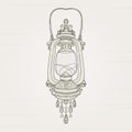 Vintage lamp, flashlight, lantern. Classical drawing. Decorated with engraving, pendant made of precious stones. Metal, glass,