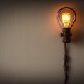 Vintage lamp lighbulb fixture on wall, warm glow, blank background