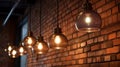 Vintage lamps hanging on brick wall, closeup. Interior design generative ai