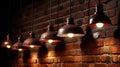Vintage lamps hanging on brick wall, closeup. Interior design generative ai