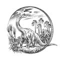 Vintage landscape with a dinosaur in the rainforest. Old retro Template for logo or label. Hand drawn engraved Royalty Free Stock Photo