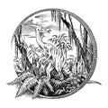 Vintage landscape with a dinosaur in the rainforest. Old retro Template for logo or label. Hand drawn engraved Royalty Free Stock Photo
