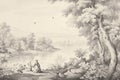 Vintage landscape drawing of a beautiful European girl standing by a river with trees, flowers and birds surrounding her