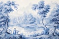 Vintage landscape drawing of a beautiful European girl standing by a river with trees, flowers and birds surrounding her, in blue Royalty Free Stock Photo