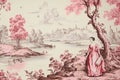 Vintage landscape drawing of a beautiful European girl standing by a river with trees, flowers and birds surrounding her, in pink Royalty Free Stock Photo