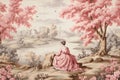 Vintage landscape drawing of a beautiful European girl standing by a river with trees, flowers and birds surrounding her, in pink