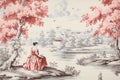 Vintage landscape drawing of a beautiful European girl standing by a river with trees, flowers and birds surrounding her, in pink