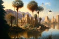 Vintage landscape painting of palms and trees on the banks of the Nile in ancient Egypt with temples Royalty Free Stock Photo