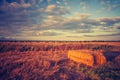 Vintage landscape of straw bales on stubble field Royalty Free Stock Photo