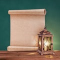 Vintage lantern with antique scroll on green background Royalty Free Stock Photo