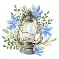 Vintage Lantern with blue Flowers. Hand drawn watercolor illustration of retro rusty Kerosene Lamp and wild plants on Royalty Free Stock Photo