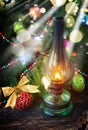 Vintage lantern with christmas wreath Royalty Free Stock Photo