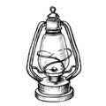 Vintage Lantern. Hand drawn vector illustration of old Kerosene Lamp painted by black inks. Etch of retro metal equipment for