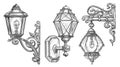 Wall old street lamp. Vintage lantern sketch vector illustration engraving style Royalty Free Stock Photo