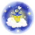 A Vintage Lantern Stands On A Cloud Against The Background Of The Night Starry Sky And White Shining Butterflies.