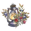 Vintage Lantern with twigs forest berry. Hand drawn watercolor illustration of retro rusty Lamp and wild plants on white Royalty Free Stock Photo