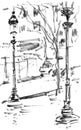 Vintage lanterns on the street of Paris, graphic black and white drawing, travel sketch Royalty Free Stock Photo