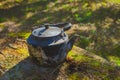 Vintage large aluminum tea pot kettle stove on nature background. Old tea pot