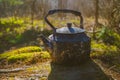 Vintage large aluminum tea pot kettle stove on nature background. Old tea pot Royalty Free Stock Photo