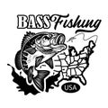 Vintage Large mouth Bass Fish Fishing Logo with USA Map. Carnivorous Freshwater Game fish. Vector Illustration. Royalty Free Stock Photo