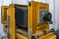 Vintage large wooden studio camera close-up. Museum of photography