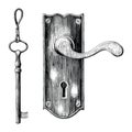 Vintage latch and key hand drawing engraving style