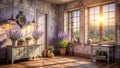 Vintage Lavender Walls Warm Retro Sunlight Nostalgic Ambiance Through Worn Window Frames Royalty Free Stock Photo