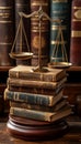 Vintage Law and Justice Concept Scales of Justice Resting on a Stack of Old Law Books Royalty Free Stock Photo