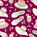 Vintage lawn party seamless vector pattern background. Midcentury style design with shoes, hats, drinks on burgundy