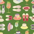 Vintage lawn party seamless vector pattern background. Midcentury style design with shoes, hats, drinks on grass green