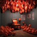 Vintage leather armchair decorated with red balloons, AI-generated.