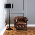 Vintage leather armchair and floor lamp in classic interior