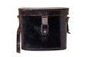 Vintage leather bag isolated. Close-up of a old black leather bag or trunk for a ancient German binoculars isolated on a white Royalty Free Stock Photo