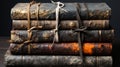 Vintage leather books bound by time and rope in dimly lit still life