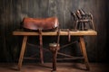 vintage leather saddle on wooden workbench