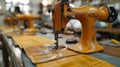 Skilled leatherworker using a sewing machine with precision in a workshop Royalty Free Stock Photo