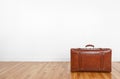 Vintage leather suitcase on a wooden floor Royalty Free Stock Photo