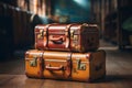 Vintage leather suitcases create a 90s travel mood in filtered image Royalty Free Stock Photo