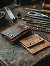 Vintage leather wallets on a rustic crafting table with tools, showcasing traditional craftsmanship Royalty Free Stock Photo